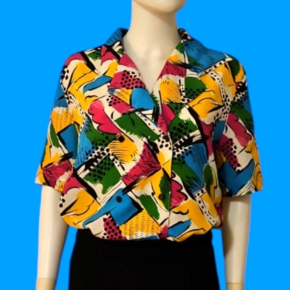 VTG JORDAN 1980s Colorful Graffiti Blouson Blouse - Picture 1 of 8